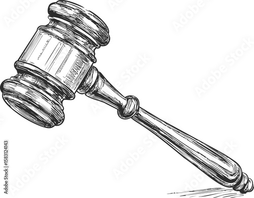 Wooden judge's gavel in black and white illustration of legal justice concept