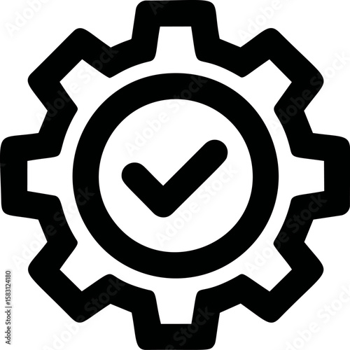 Gear icon with a checkmark symbolizing quality assurance black outline