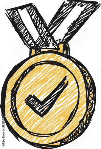 Gold medal with check mark and sketched ribbon, concept of achievement