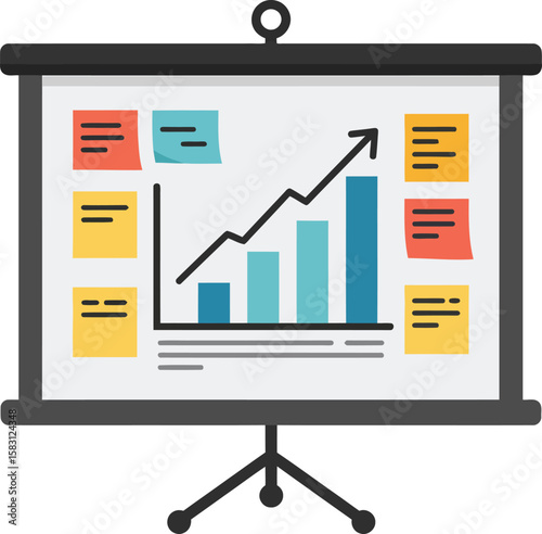 A presentation screen displays a rising graph with sticky notes, indicating progress and data.