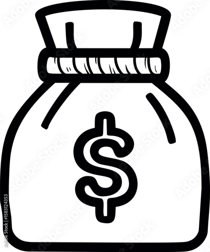 Black and white drawing of a money bag with dollar symbol illustration