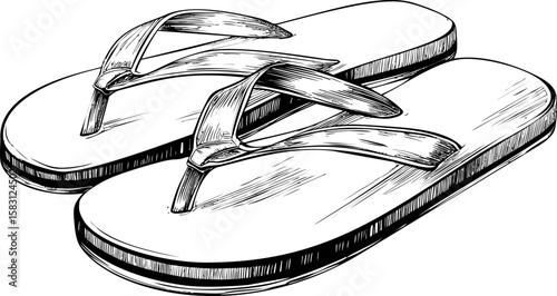 Monochrome sketch of casual flip-flops in detailed illustration style