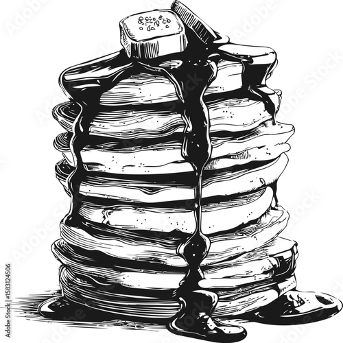 Stack of pancakes with syrup and butter in black and white illustration
