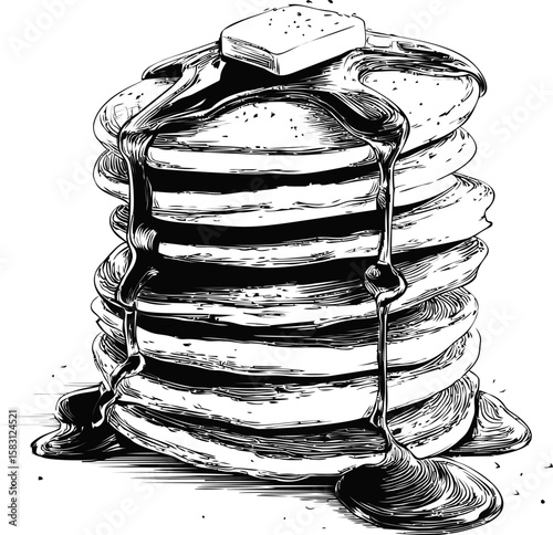 Stack of pancakes with syrup and butter in black and white illustration