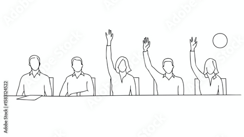 A group of people sitting at a table with some raising their hands in a meeting or presentation setting