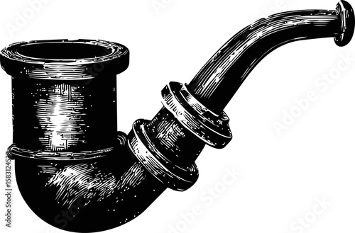 Black and white illustration of a vintage smoking pipe with detailed texture