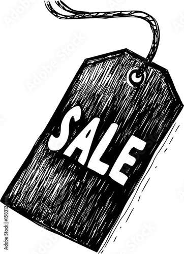 Black and white sketch of a sale tag with bold letters, vintage illustration