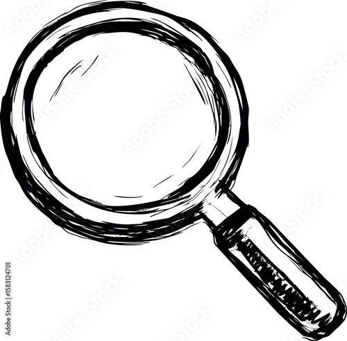 Black and white sketch of a magnifying glass with detailed handle drawing
