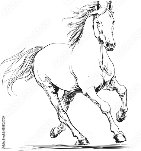 Dynamic black and white sketch of a galloping horse, artistic line art design