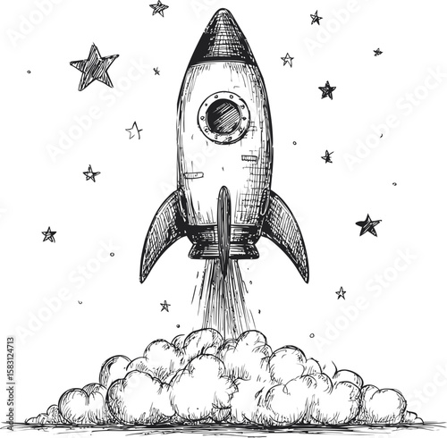 Hand-drawn rocket launching surrounded by stars in sketch style illustration