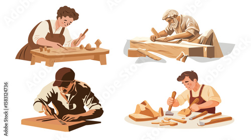 Woodworker Carving Sculpture with Chisels – Artisan at Work in Workshop Scene