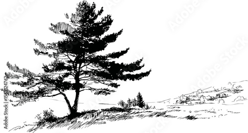 Black and white illustration of lone tree and distant village landscape
