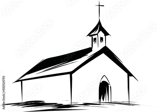 Black and white illustration of a traditional church with steeple and cross