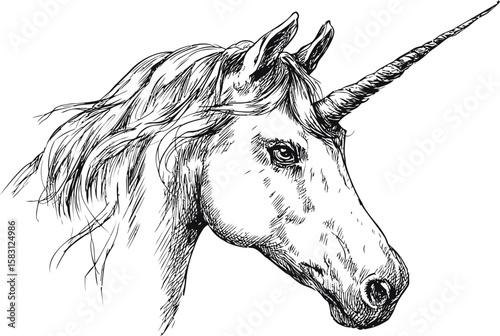 Intricate black and white illustration of a unicorn head, fantasy creature art