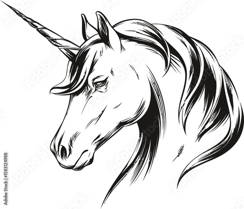 Elegant black and white drawing of a unicorn head with flowing mane