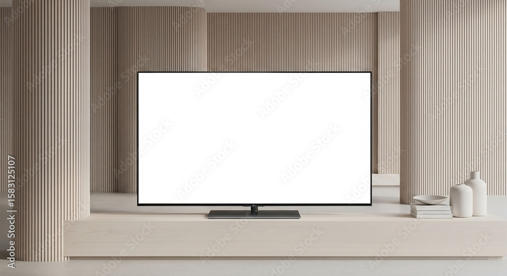 Fototapeta premium Minimalist Modern Living Room with Wall-Mounted TV Mockup.