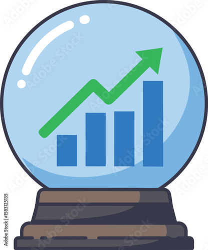 A crystal ball shows a graph with rising bars and an upward trending arrow, symbolizing growth and future success.