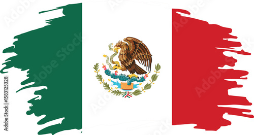 Artistic brush stroke style Mexican national flag with eagle and snake emblem on white background

