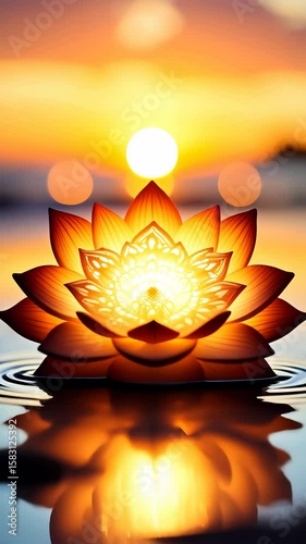 Glowing lotus flower with petals opening gently water surface during warm sunset with soft bokeh light and peaceful reflection creating serene