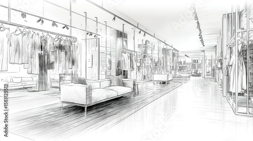 Interior sketch of a modern fashion store.