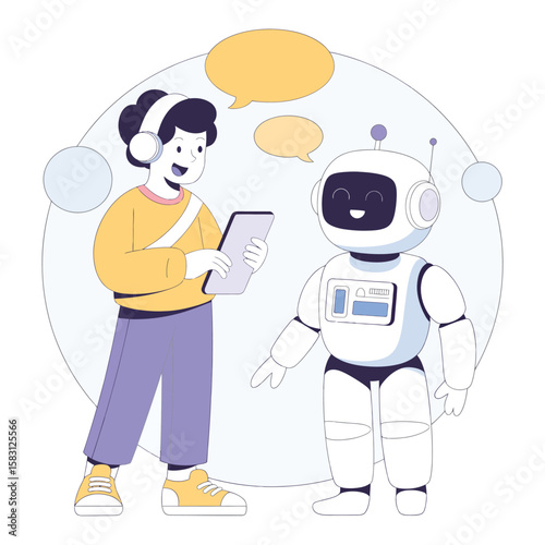 Person using a tablet to communicate with a friendly robot ai assistant showing interaction with artificial intelligence in a modern digital environment