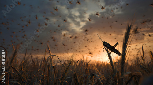 Swarm of locusts as a biblical plague of Egypt, Old Testament story of God's judgment and wrath, crop destruction, famine, pestilence and devastation, apocalyptic disaster, a prophetic sign of chaos.
