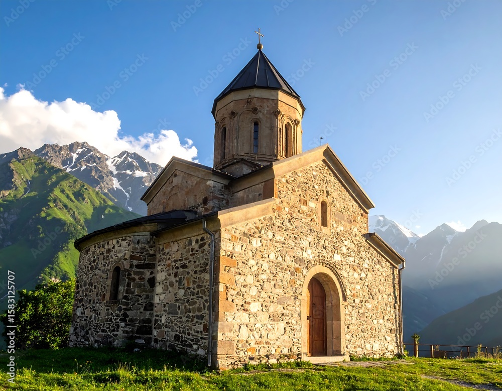 Fototapeta premium Stone church nestled in a valley, mountain backdrop