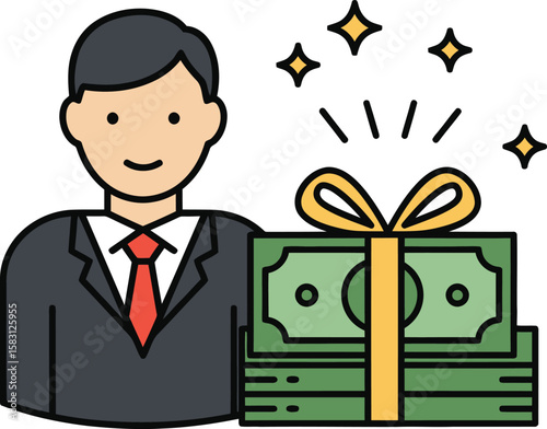 A smiling businessman stands beside a stack of money tied with a bow.
