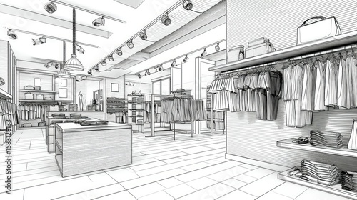 Interior design sketch of a clothing store.