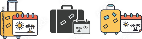 Three sets of luggage with calendars depicting a sunny tropical vacation.