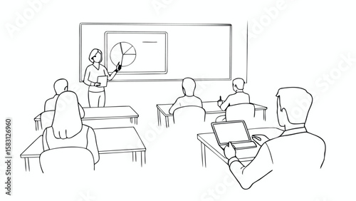Illustration of a classroom with a teacher presenting a pie chart to students at their desks