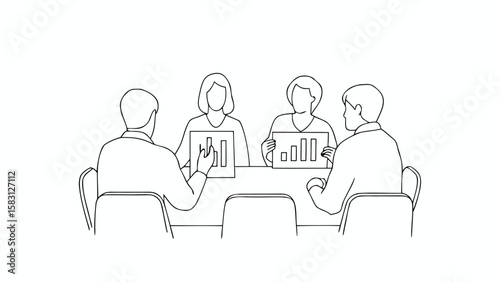 Group of people sitting around a table discussing charts and graphs in a business meeting setting