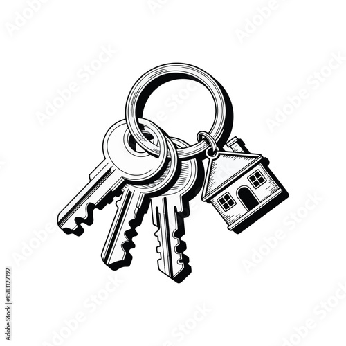 Silhouette illustration of three keys with circular keyring and house-shaped keychain representing homeownership, property access, and security
