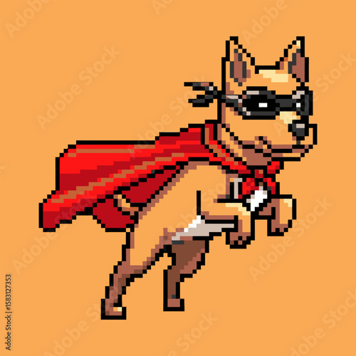 Pixel Art Dog Superhero in Flight with Cape.