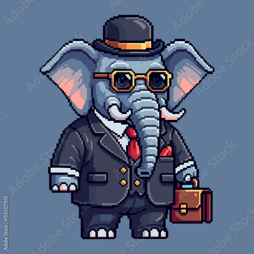 Pixelated Elephant Gentleman in Suit Bowler Hat and Briefcase.