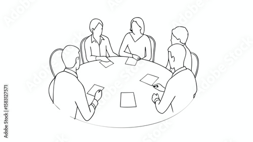 Six people sitting around a round table with papers in a meeting in a black and white line drawing