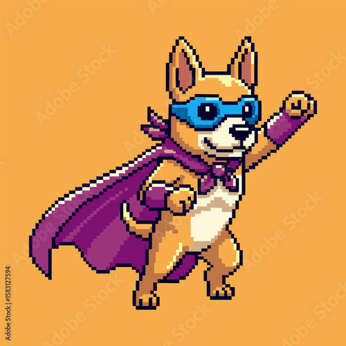 Pixelated Super Dog in a Purple Cape.