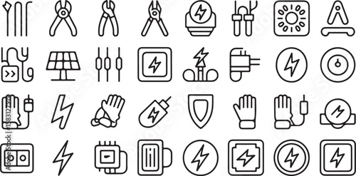 Electrical Safety Icons Set Black Line Art Symbols Electricity Power Energy Tools Gloves