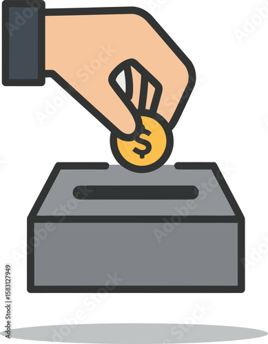 A hand is dropping a coin into a donation box, illustrating charity.