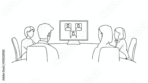 People attending a video conference meeting with three participants on the screen in black and white line art