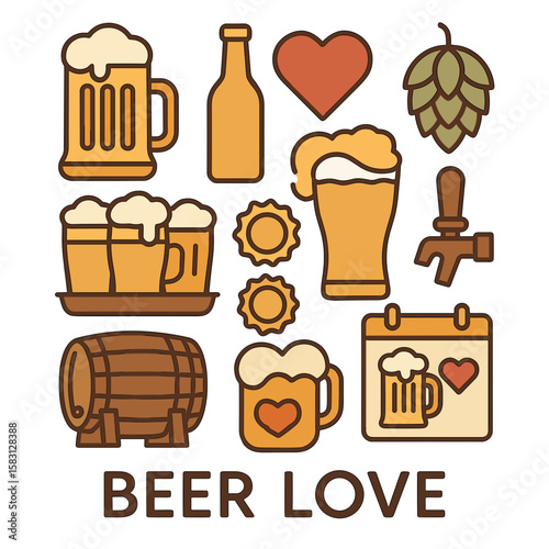 Beer-themed icons and illustrations in colorful flat design style  