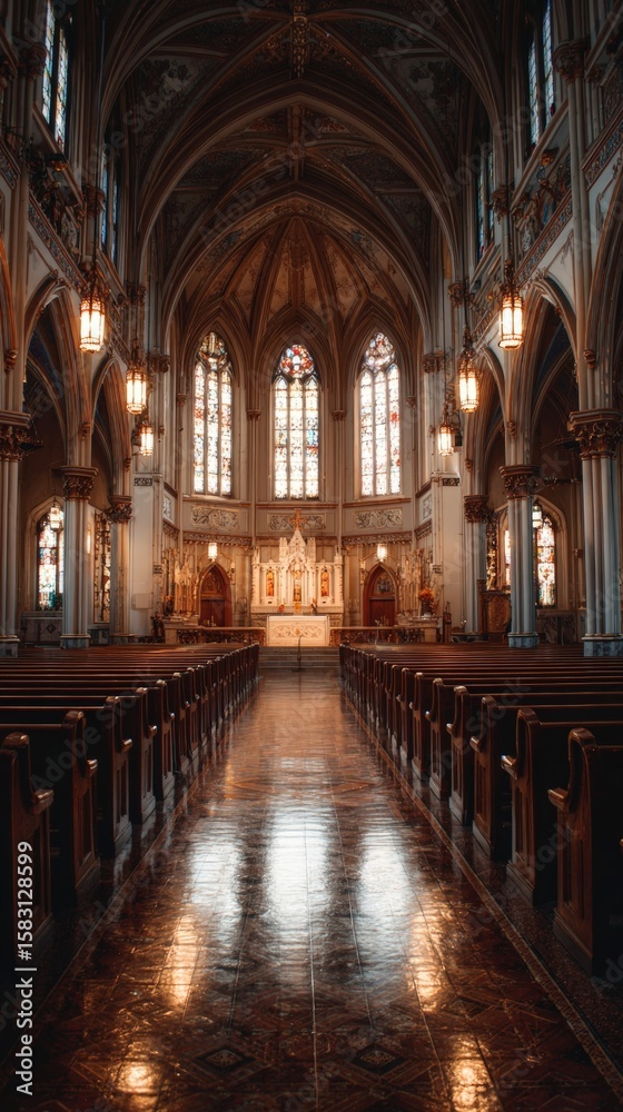 Fototapeta premium Gothic cathedral interior with stained glass windows and wooden pews