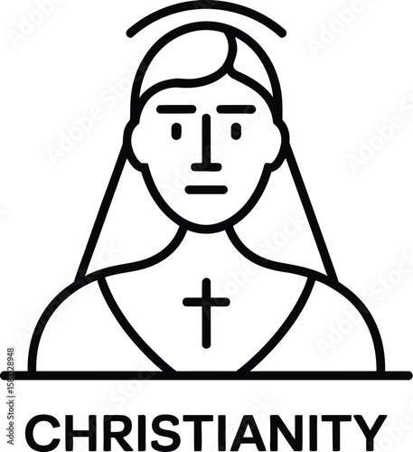 A minimalist line drawing represents Christianity and a Christian figure