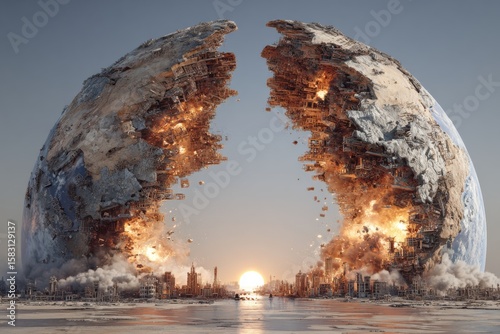 Surreal world: chaos and peace on a split global image. Conspiracy theories. Decoding the influence of the new world order on international policies. Technological growth. Peace monument.