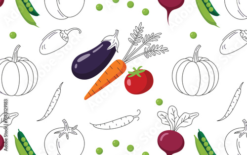 Vibrant vegetable pattern features pumpkin, eggplant, carrot, and tomato