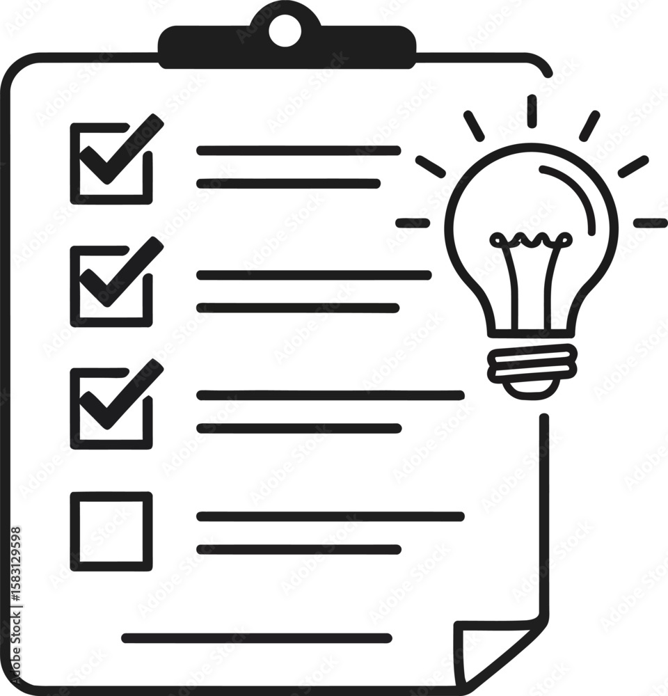 Fototapeta premium Checklist with lightbulb, symbolizing idea generation and task completion.