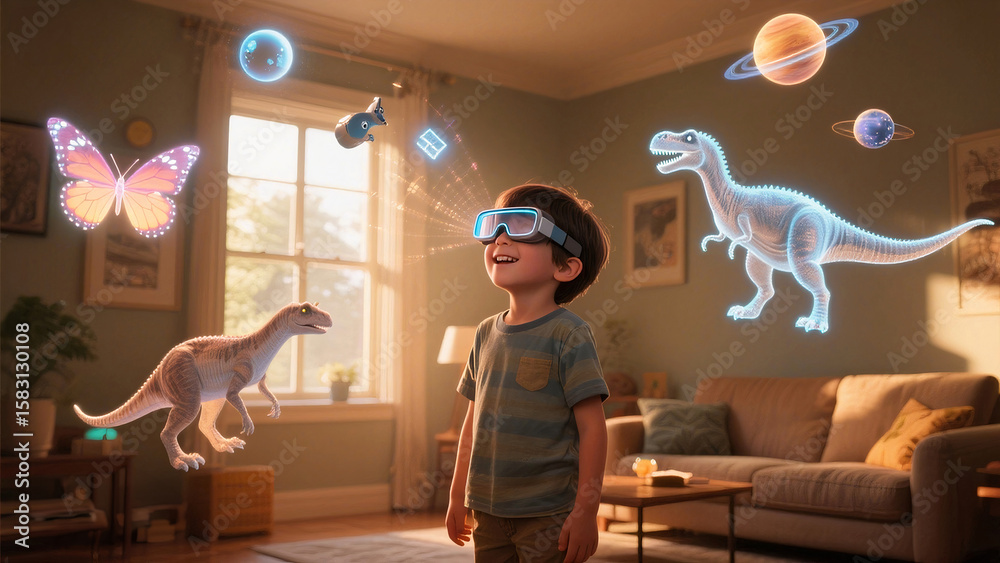 Naklejka premium Excited boy explores holographic dinosaurs, planets, and butterflies using AR glasses in his living room. Concept of immersive learning, future education, and child imagination.
