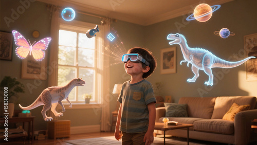 Excited boy explores holographic dinosaurs, planets, and butterflies using AR glasses in his living room. Concept of immersive learning, future education, and child imagination.