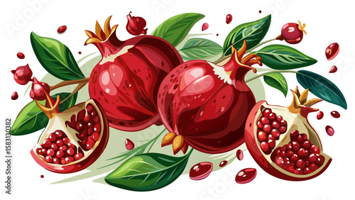 A close-up Flying fresh pomegranates with seeds on lilac background . Very beautiful white background