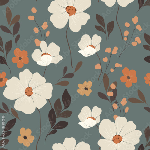 Seamless floral pattern, abstract ditsy print of hand drawn wildflowers in autumn colors. Stylish botanical design of large white flowers, small leaves, twigs on a dark field. Vector illustration.